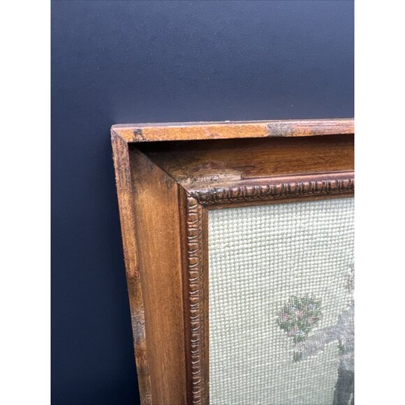 Vintage Victorian Male Courting Scene Needlepoint Neutral Scallop Wood Frame Art - Picture 3 of 10